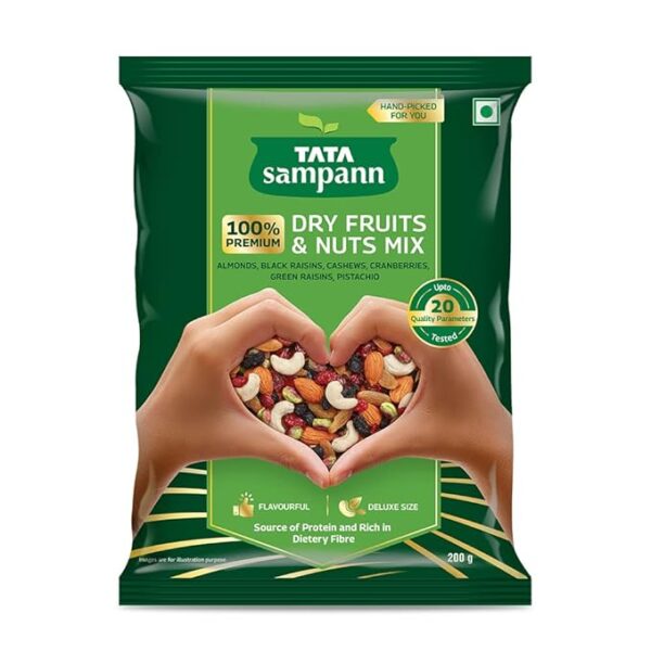Tata Sampann Dry Fruits & Nuts Mix (Contains Almonds, Black Raisins, Cashews, Cranberries, Green raisins, and Pistachio kernels), Premium Hand-picked Dry Fruits & Nuts, up to 20 Quality Parameters Tested, 200 g